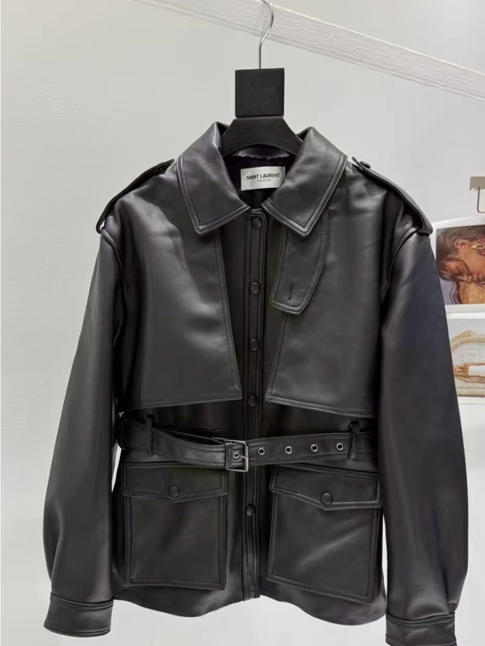 Saint Laurent Matte Black Leather Belted Jacket
